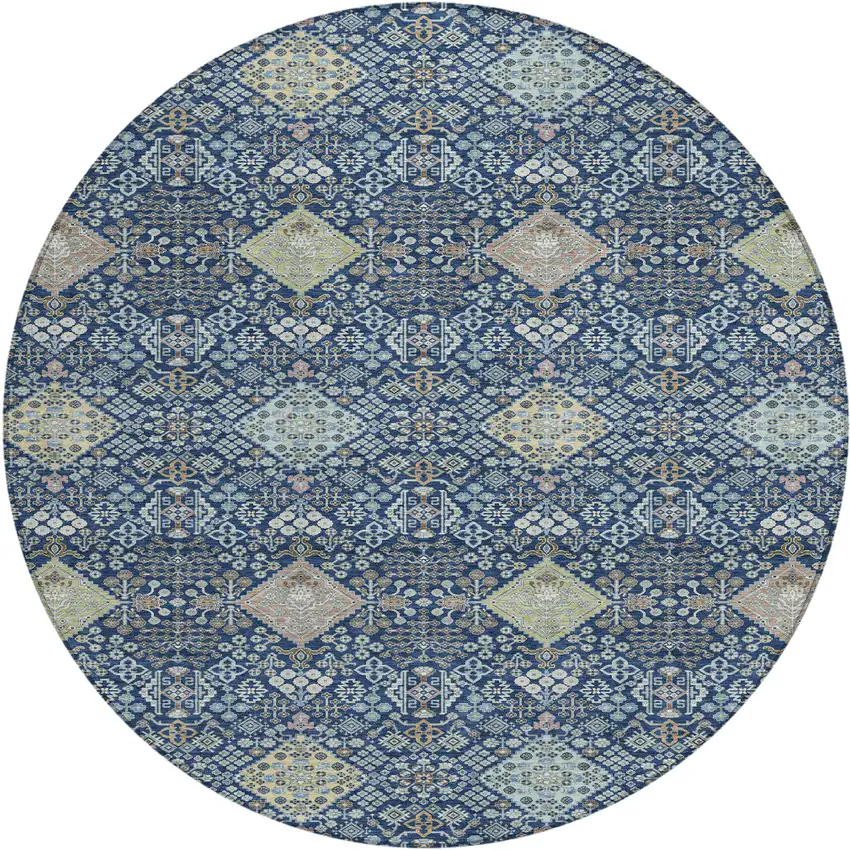 8' Navy Blue And Ivory Round Oriental Washable Indoor Outdoor Area Rug Photo 1