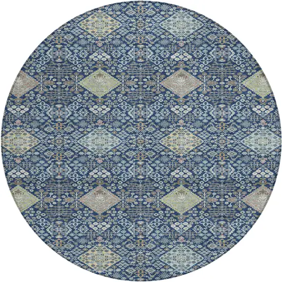 8' Navy Blue And Ivory Round Oriental Washable Indoor Outdoor Area Rug Photo 1
