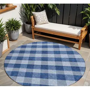 Photo of 8' Navy Blue And Ivory Round Plaid Washable Indoor Outdoor Area Rug