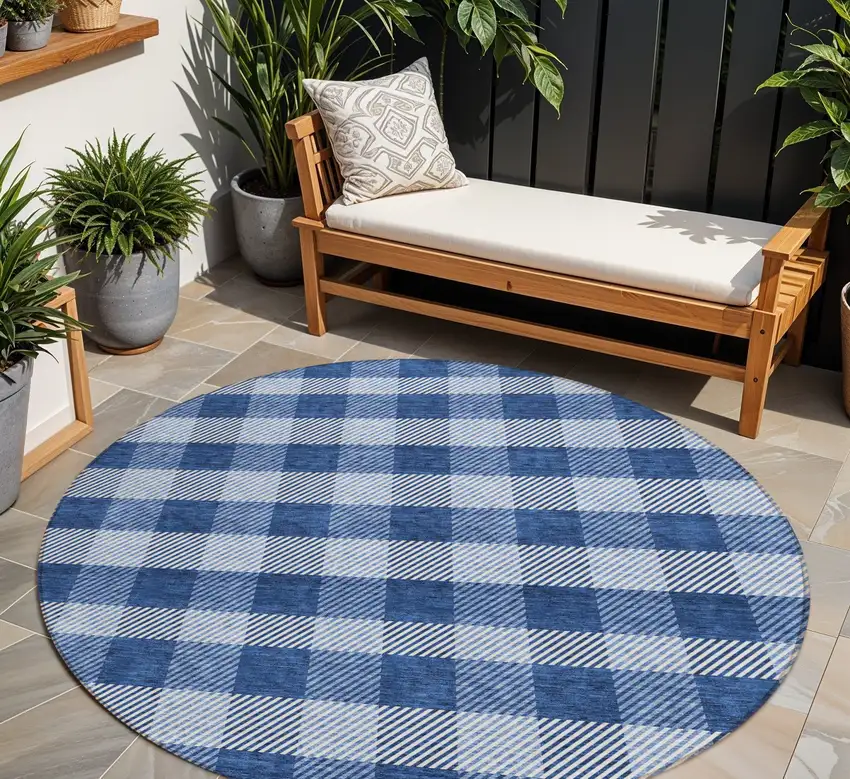 8' Navy Blue And Ivory Round Plaid Washable Indoor Outdoor Area Rug Photo 1