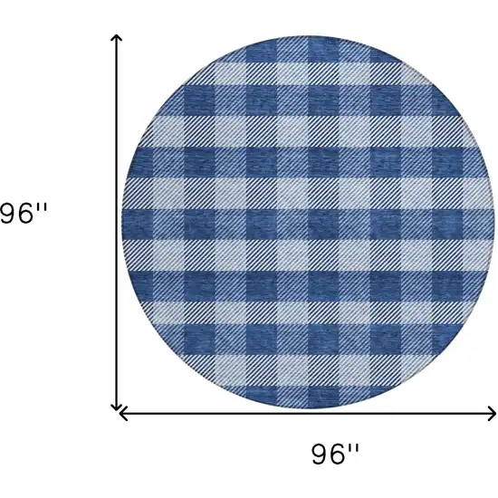 8' Navy Blue And Ivory Round Plaid Washable Indoor Outdoor Area Rug Photo 3