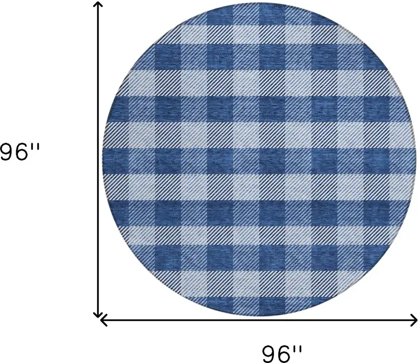 8' Navy Blue And Ivory Round Plaid Washable Indoor Outdoor Area Rug Photo 3