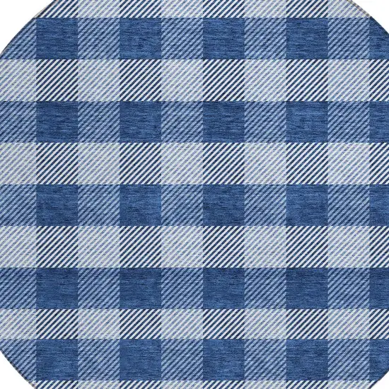 8' Navy Blue And Ivory Round Plaid Washable Indoor Outdoor Area Rug Photo 4
