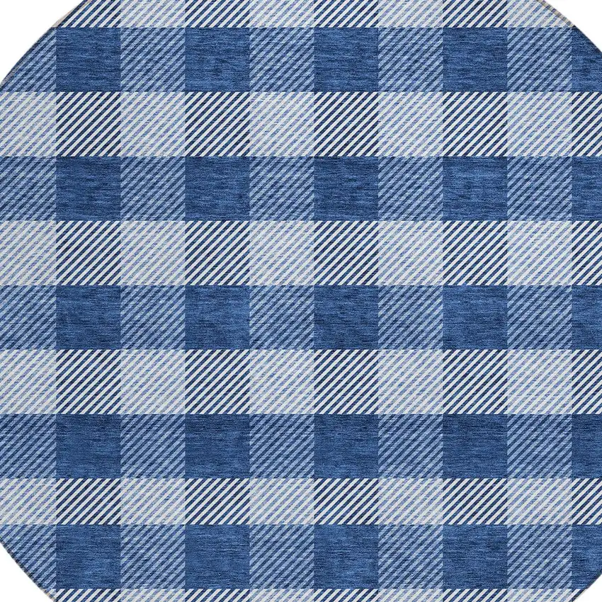 8' Navy Blue And Ivory Round Plaid Washable Indoor Outdoor Area Rug Photo 4