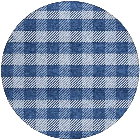8' Navy Blue And Ivory Round Plaid Washable Indoor Outdoor Area Rug Photo 2