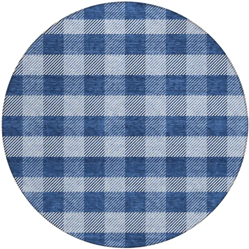 8' Navy Blue And Ivory Round Plaid Washable Indoor Outdoor Area Rug Photo 2