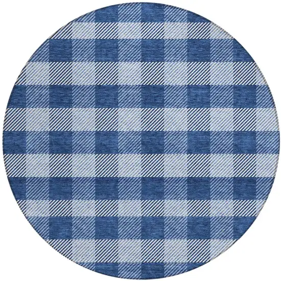 8' Navy Blue And Ivory Round Plaid Washable Indoor Outdoor Area Rug Photo 5