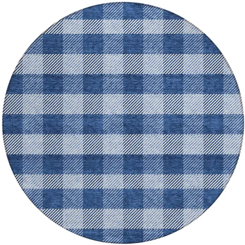 8' Navy Blue And Ivory Round Plaid Washable Indoor Outdoor Area Rug Photo 5