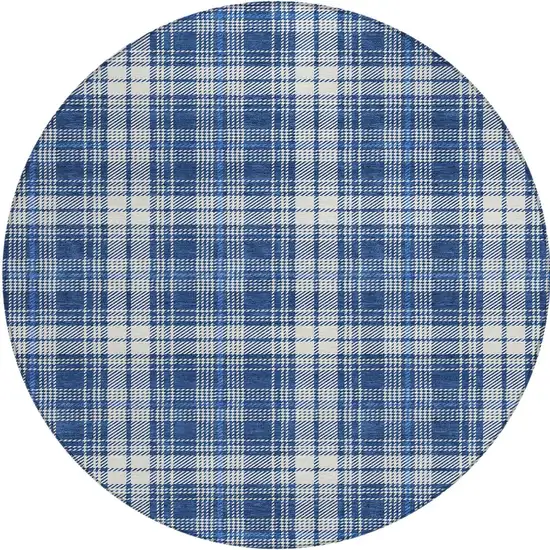 8' Navy Blue And Ivory Round Plaid Washable Indoor Outdoor Area Rug Photo 4
