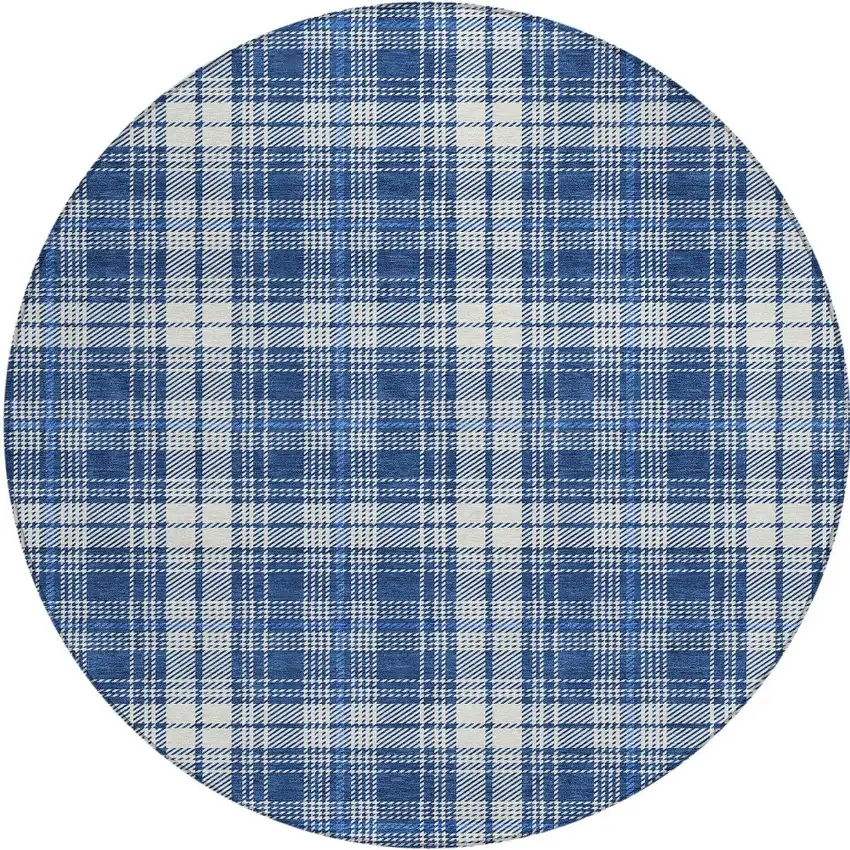 8' Navy Blue And Ivory Round Plaid Washable Indoor Outdoor Area Rug Photo 4