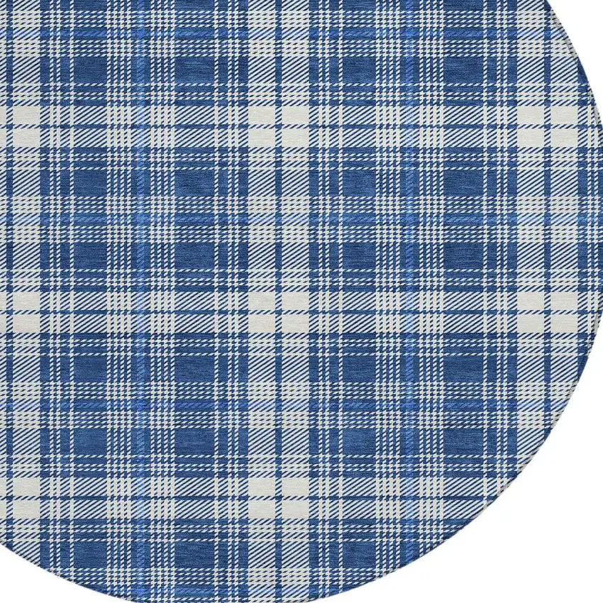8' Navy Blue And Ivory Round Plaid Washable Indoor Outdoor Area Rug Photo 3