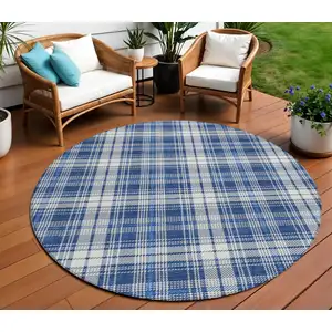 Photo of 8' Navy Blue And Ivory Round Plaid Washable Indoor Outdoor Area Rug