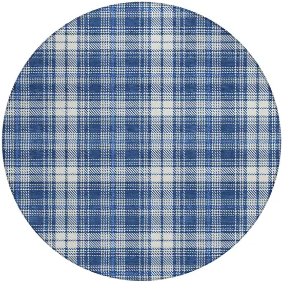 8' Navy Blue And Ivory Round Plaid Washable Indoor Outdoor Area Rug Photo 2