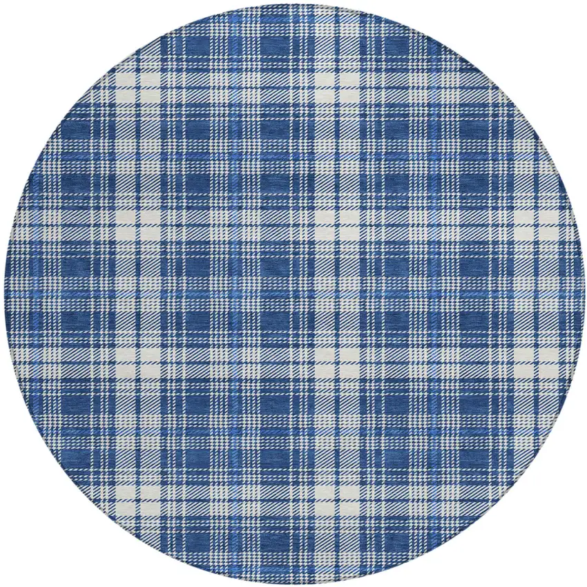 8' Navy Blue And Ivory Round Plaid Washable Indoor Outdoor Area Rug Photo 2