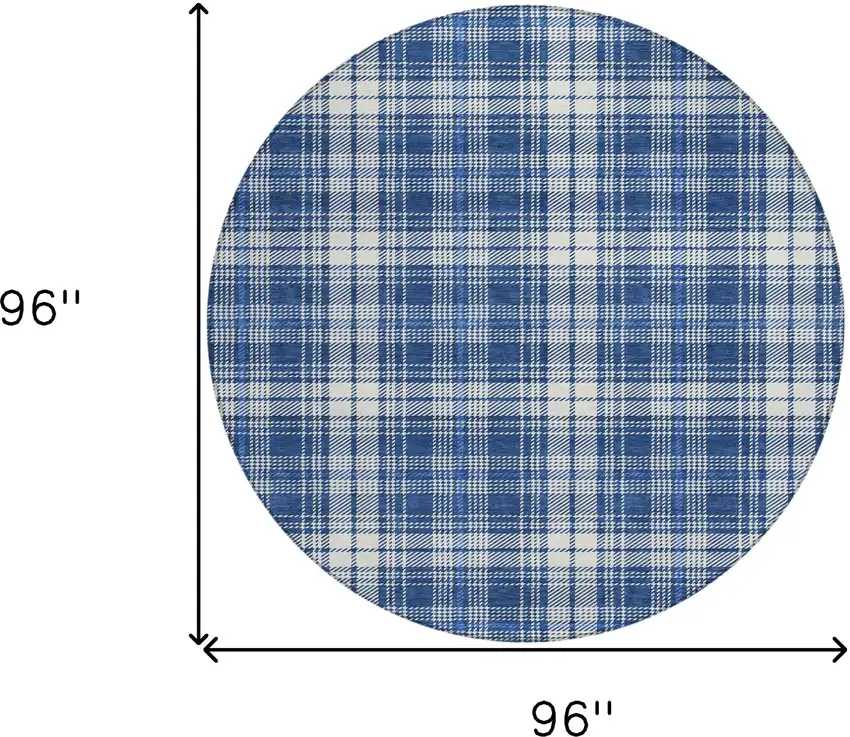 8' Navy Blue And Ivory Round Plaid Washable Indoor Outdoor Area Rug Photo 7
