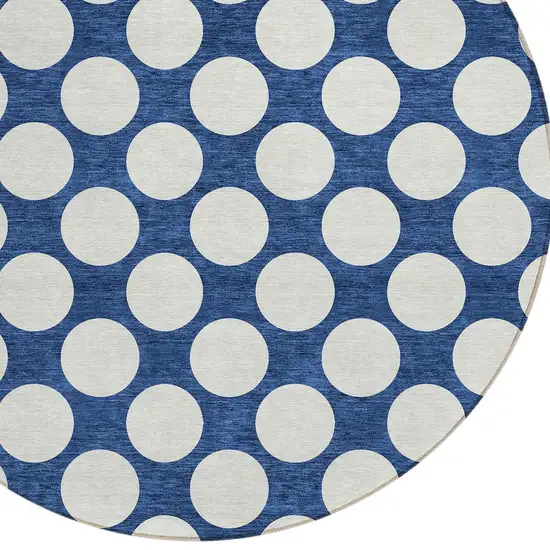 8' Navy Blue And Ivory Round Polka Dot Washable Indoor Outdoor Area Rug Photo 4