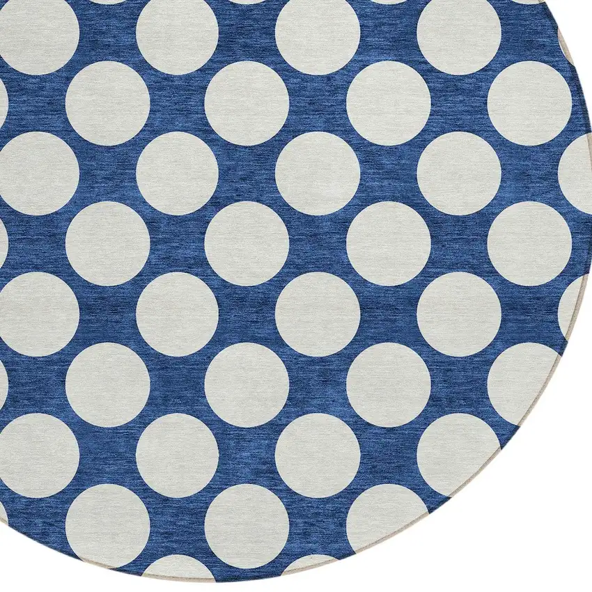 8' Navy Blue And Ivory Round Polka Dot Washable Indoor Outdoor Area Rug Photo 4