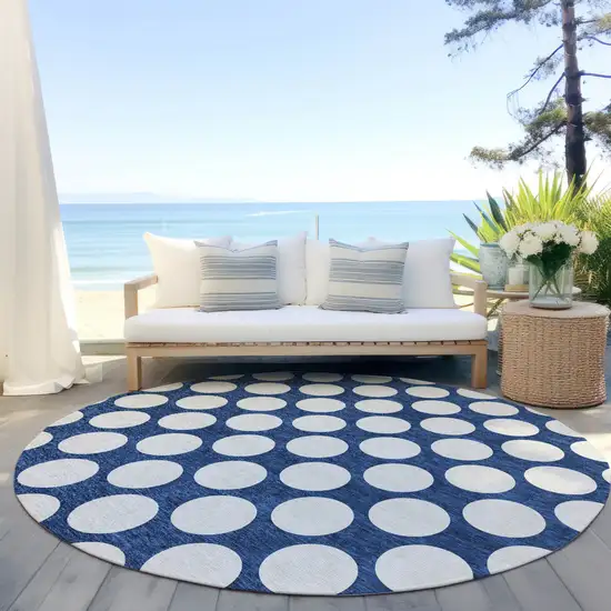 8' Navy Blue And Ivory Round Polka Dot Washable Indoor Outdoor Area Rug Photo 6