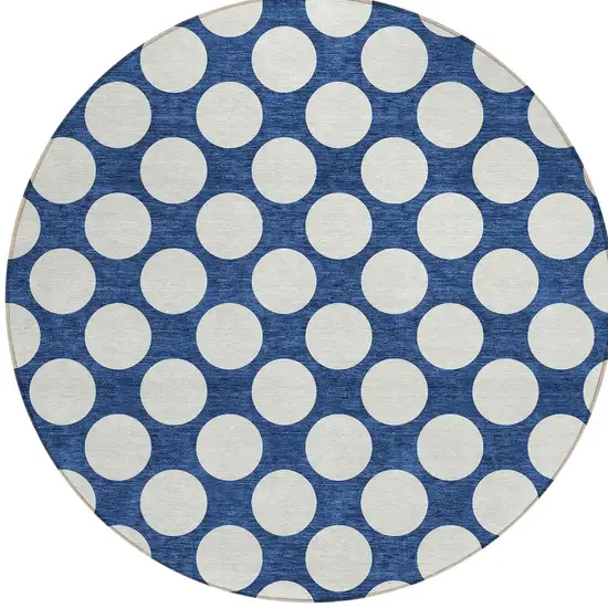 8' Navy Blue And Ivory Round Polka Dot Washable Indoor Outdoor Area Rug Photo 5
