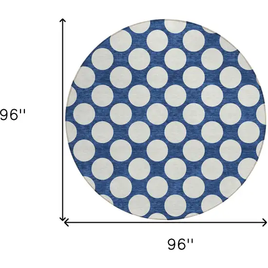 8' Navy Blue And Ivory Round Polka Dot Washable Indoor Outdoor Area Rug Photo 3