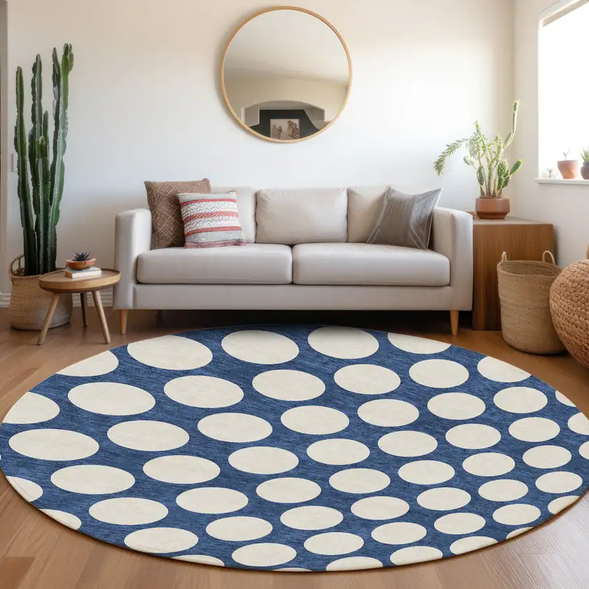8' Navy Blue And Ivory Round Polka Dot Washable Indoor Outdoor Area Rug Photo 7