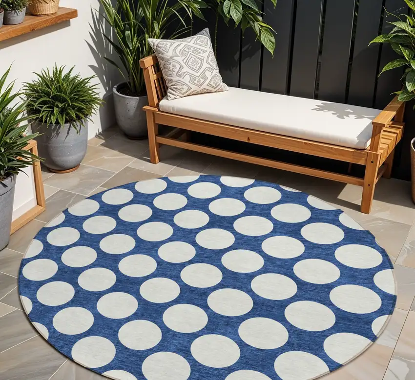 8' Navy Blue And Ivory Round Polka Dot Washable Indoor Outdoor Area Rug Photo 1