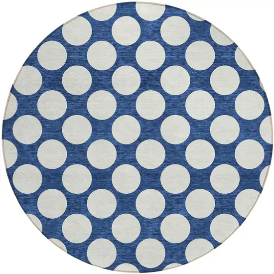 8' Navy Blue And Ivory Round Polka Dot Washable Indoor Outdoor Area Rug Photo 2