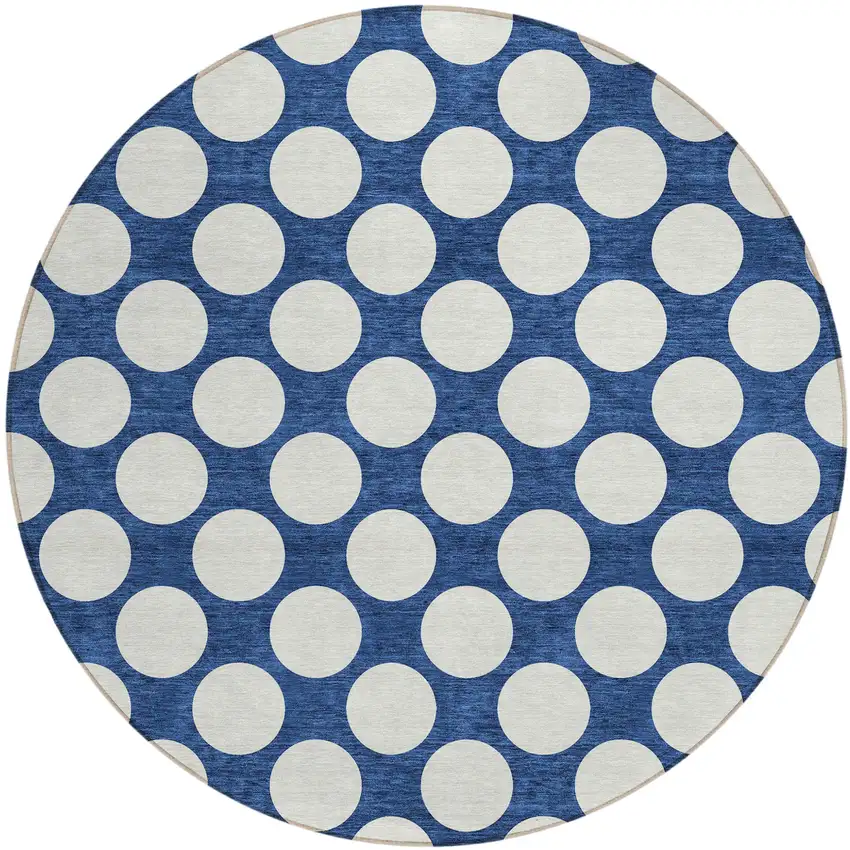 8' Navy Blue And Ivory Round Polka Dot Washable Indoor Outdoor Area Rug Photo 2