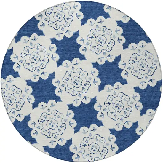8' Navy Blue And Ivory Round Quatrefoil Washable Indoor Outdoor Area Rug Photo 5