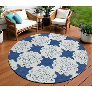 Photo of 8' Navy Blue And Ivory Round Quatrefoil Washable Indoor Outdoor Area Rug