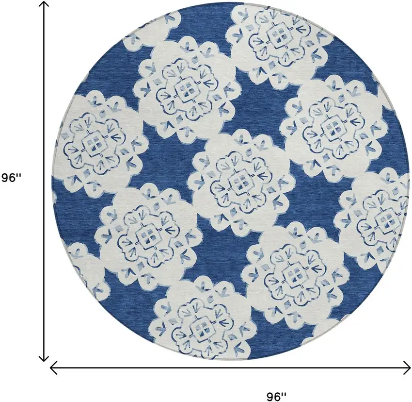 8' Navy Blue And Ivory Round Quatrefoil Washable Indoor Outdoor Area Rug Photo 3
