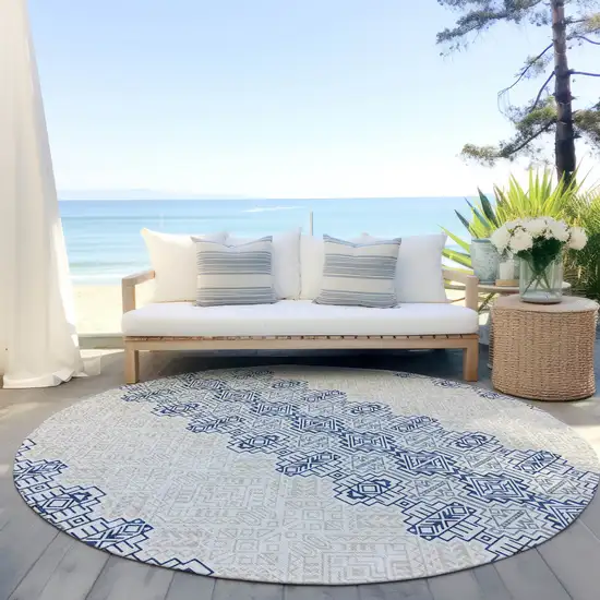 8' Navy Blue And Ivory Round Southwestern Washable Indoor Outdoor Area Rug Photo 8