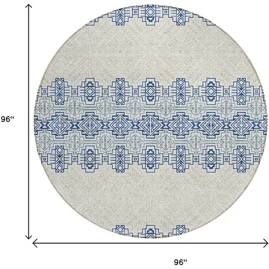 8' Navy Blue And Ivory Round Southwestern Washable Indoor Outdoor Area Rug Photo 7