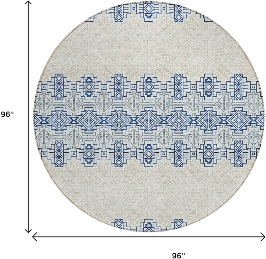 8' Navy Blue And Ivory Round Southwestern Washable Indoor Outdoor Area Rug Photo 7