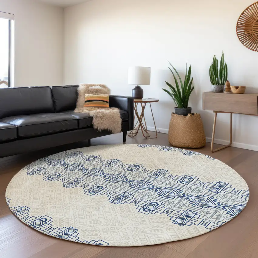 8' Navy Blue And Ivory Round Southwestern Washable Indoor Outdoor Area Rug Photo 9