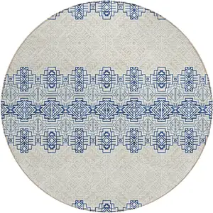 Photo of 8' Navy Blue And Ivory Round Southwestern Washable Indoor Outdoor Area Rug
