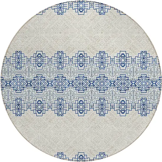 8' Navy Blue And Ivory Round Southwestern Washable Indoor Outdoor Area Rug Photo 1