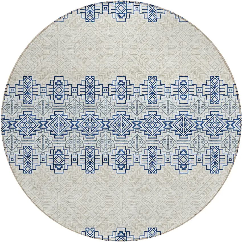 8' Navy Blue And Ivory Round Southwestern Washable Indoor Outdoor Area Rug Photo 1