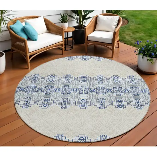 8' Navy Blue And Ivory Round Southwestern Washable Indoor Outdoor Area Rug Photo 2