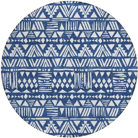 8' Navy Blue And Ivory Round Southwestern Washable Indoor Outdoor Area Rug Photo 2