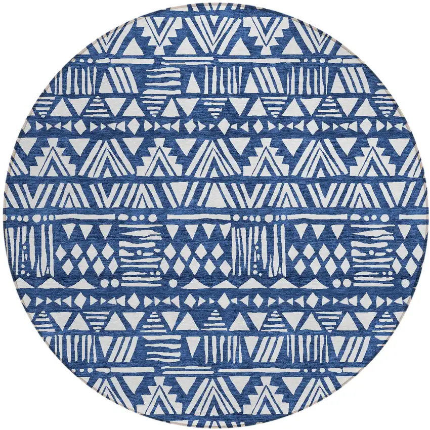 8' Navy Blue And Ivory Round Southwestern Washable Indoor Outdoor Area Rug Photo 2