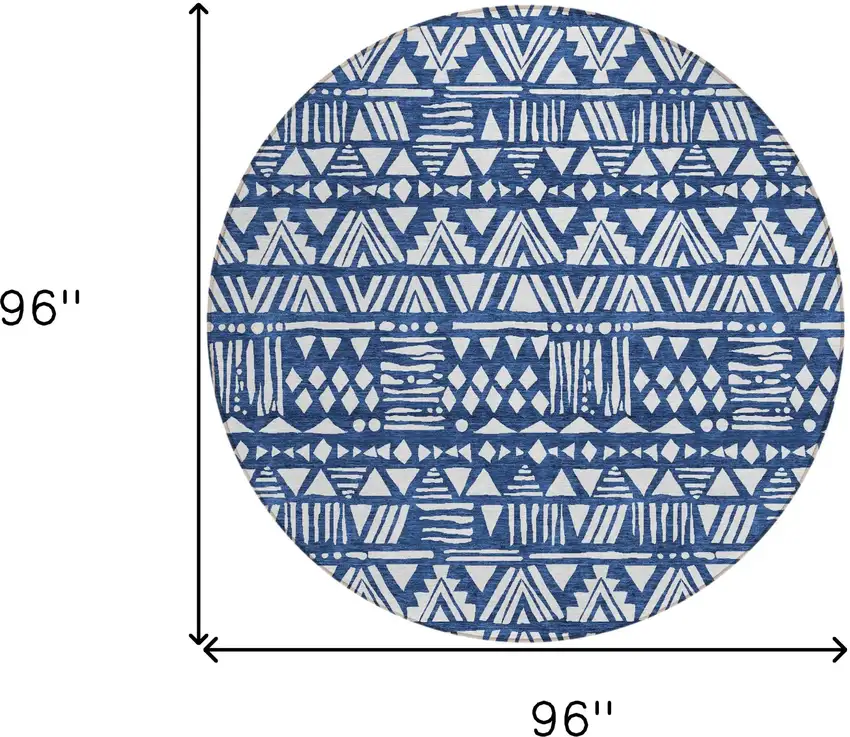 8' Navy Blue And Ivory Round Southwestern Washable Indoor Outdoor Area Rug Photo 3