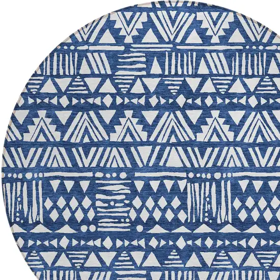 8' Navy Blue And Ivory Round Southwestern Washable Indoor Outdoor Area Rug Photo 4