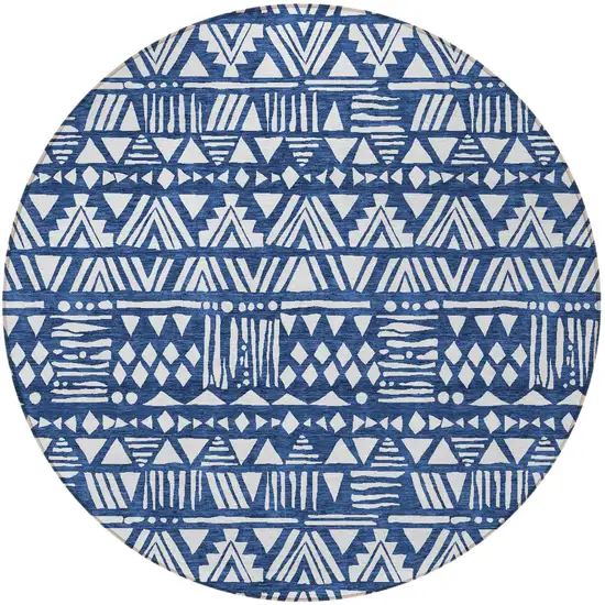 8' Navy Blue And Ivory Round Southwestern Washable Indoor Outdoor Area Rug Photo 5