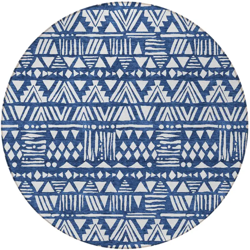 8' Navy Blue And Ivory Round Southwestern Washable Indoor Outdoor Area Rug Photo 5