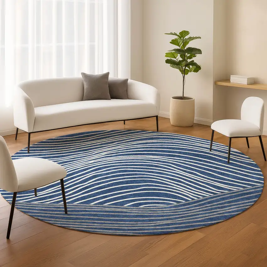 8' Navy Blue And Ivory Round Striped Washable Indoor Outdoor Area Rug Photo 9