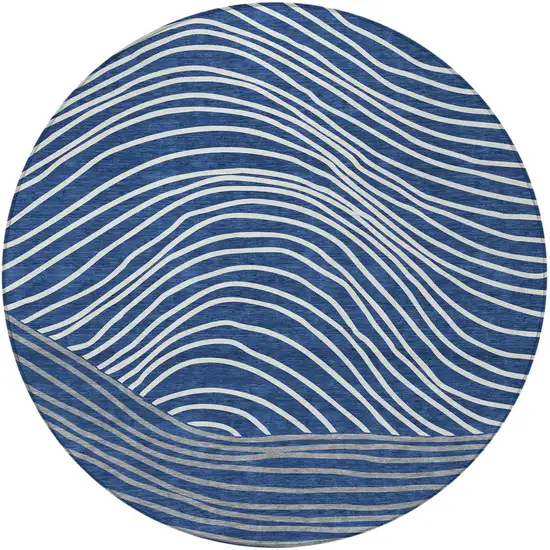 8' Navy Blue And Ivory Round Striped Washable Indoor Outdoor Area Rug Photo 4