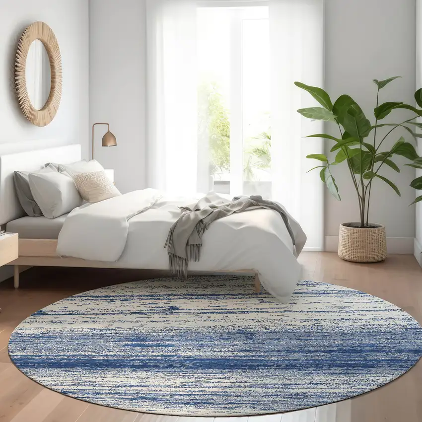 8' Navy Blue And Ivory Round Striped Washable Indoor Outdoor Area Rug Photo 7