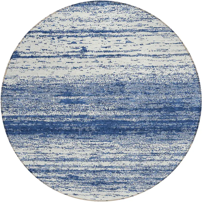 8' Navy Blue And Ivory Round Striped Washable Indoor Outdoor Area Rug Photo 2