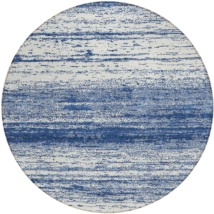 8' Navy Blue And Ivory Round Striped Washable Indoor Outdoor Area Rug Photo 2